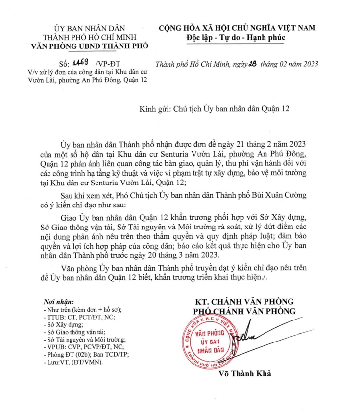 Phó Chủ tịch UBND Thành phố Hồ Chí Minh Bùi Xuân Cường chỉ đạo khẩn trương xử lý dứt điểm nội dung phản ánh của cư dân Senturia Vườn Lài