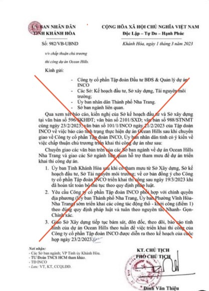 Khánh Hoà: Yêu cầu xử lý văn bản giả mạo về chấp thuận thi công dự án Ocean Hills