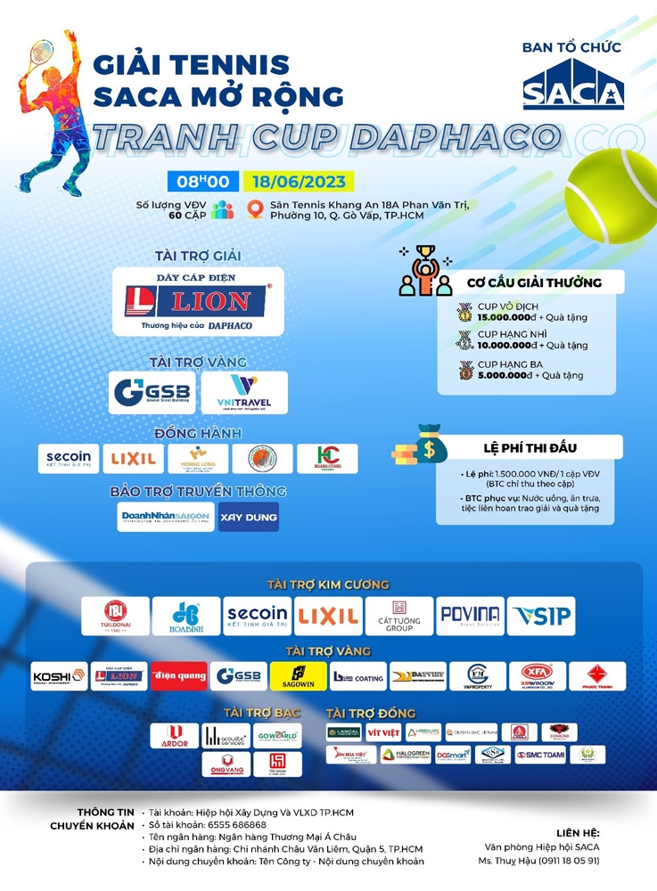 Giải Tennis SACA mở rộng “Tranh Cup DAPHACO” sẽ diễn ra vào ngày 18/6