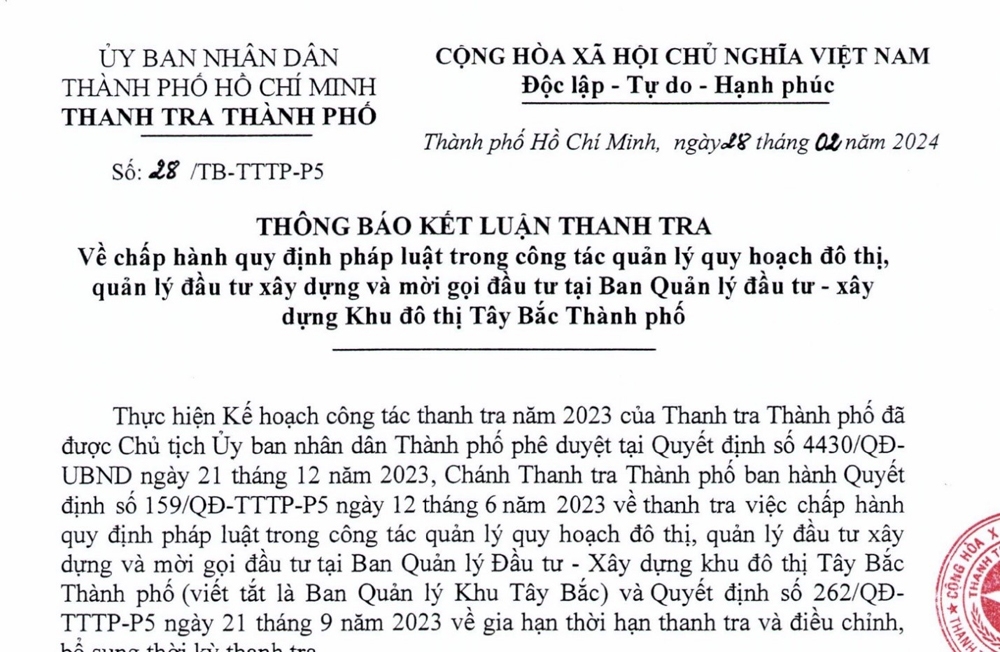 Thanh tra Thành phố Hồ Chí Minh chỉ ra nhiều vi phạm quy hoạch tại Khu đô thị Tây Bắc
