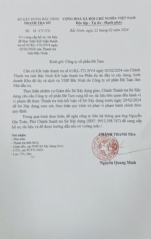 Cần xử lý nghiêm những vi phạm của Công ty Bình Dương và Công ty Đệ Tam tại Dự án VSIP Bắc Ninh