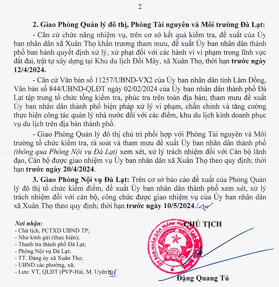 Đà Lạt (Lâm Đồng): Chỉ đạo xử lý nghiêm sai phạm tại Khu du lịch Đồi Mây