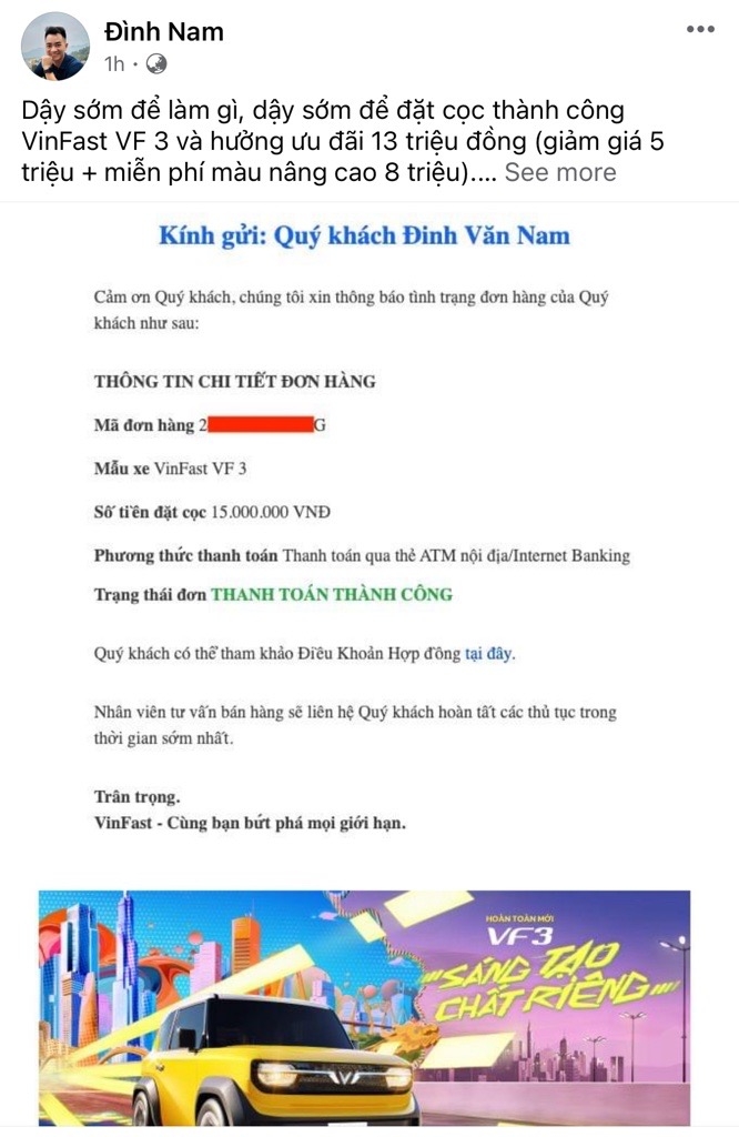 “Rần rần” khoe đặt cọc VinFast VF 3 ngay ngày đầu tiên mở bán