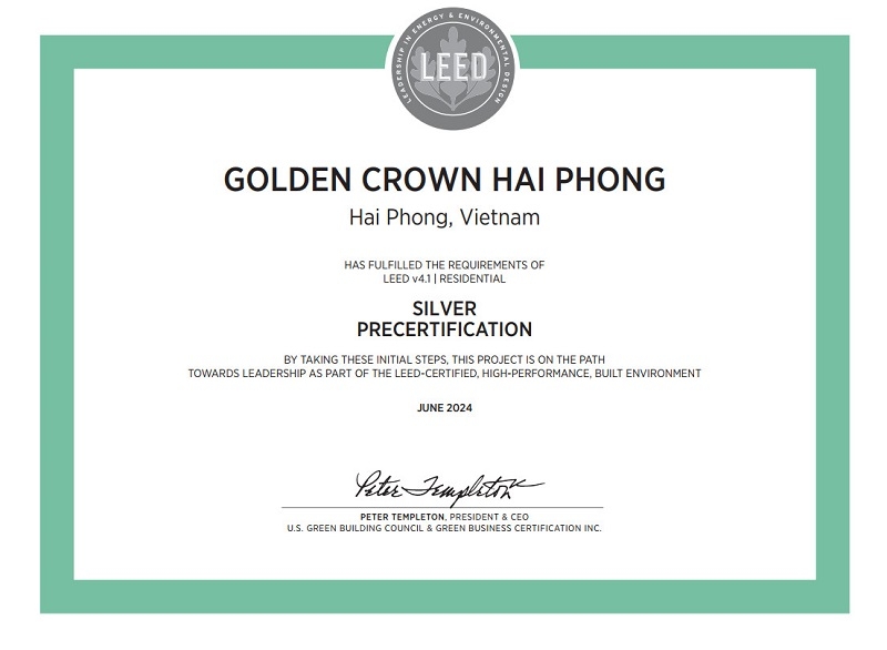 Golden Crown Hai Phong được cấp chứng nhận công trình xanh LEED Residential