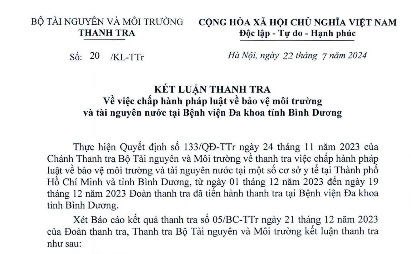 Bệnh viện Đa khoa tỉnh Bình Dương bị phạt 370 triệu đồng do vi phạm môi trường