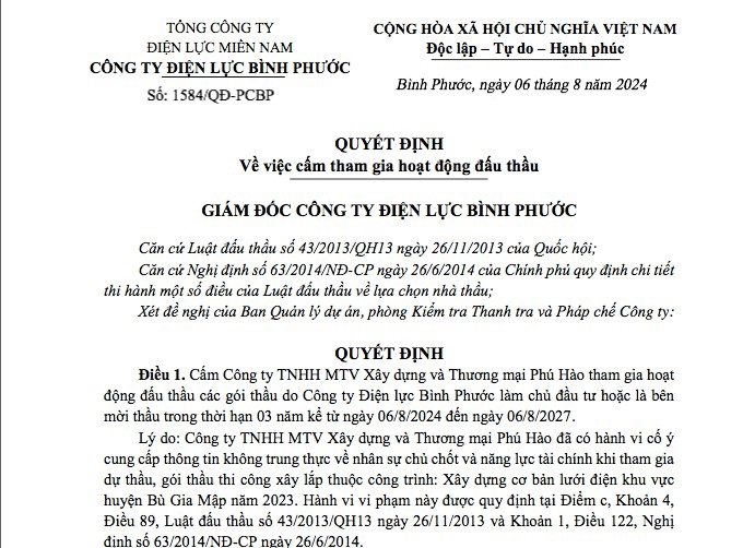 Bình Phước: Công ty Phú Hào bị cấm thầu vì khai báo gian dối nhân sự chủ chốt và năng lực tài chính