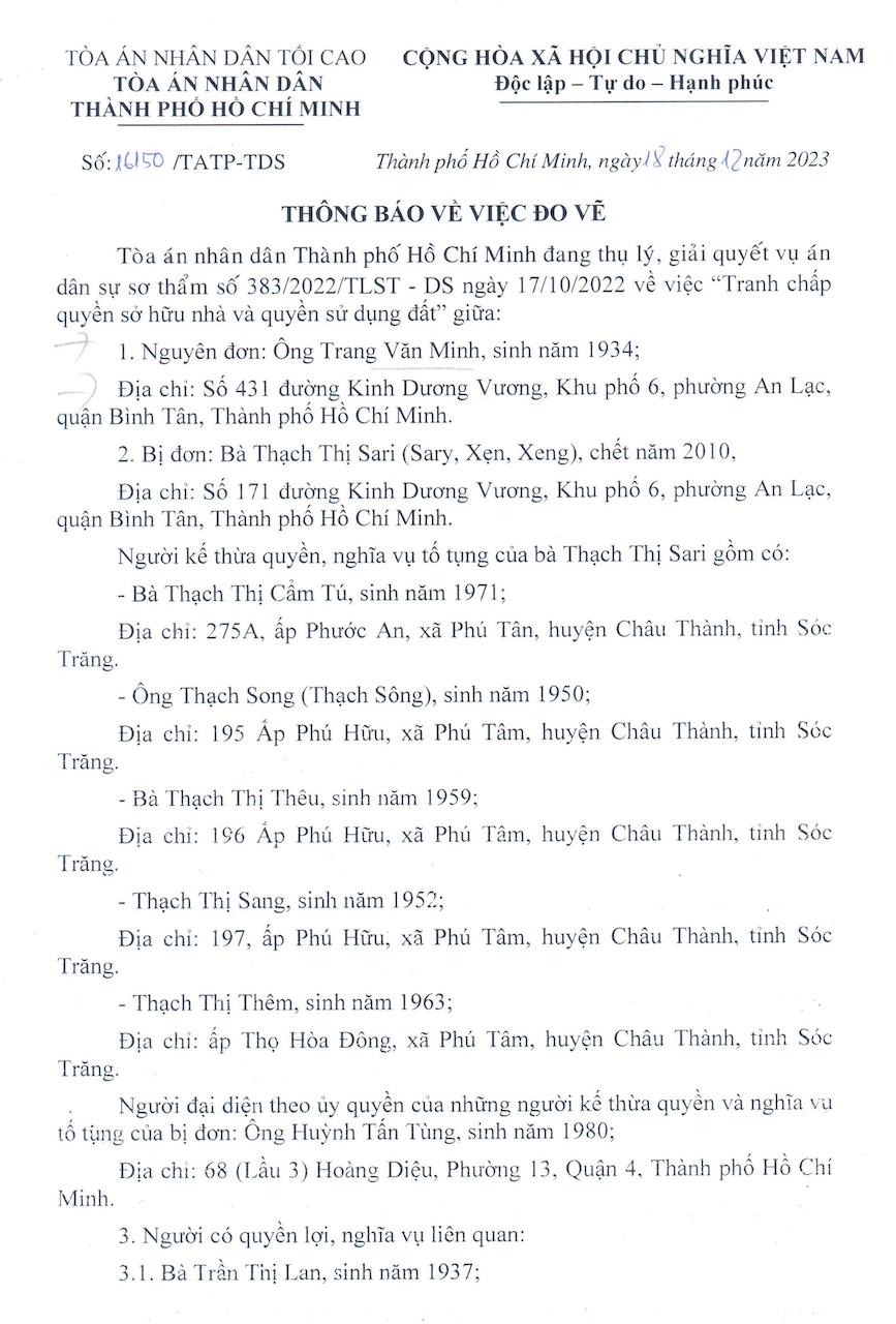 Vụ tranh chấp nhà đất kéo dài hơn 20 năm tại TP. Hồ Chí Minh: TAND TP Hồ Chí Minh tiếp tục thụ lý vụ án hơn 22 tháng vẫn chưa đưa ra xét xử