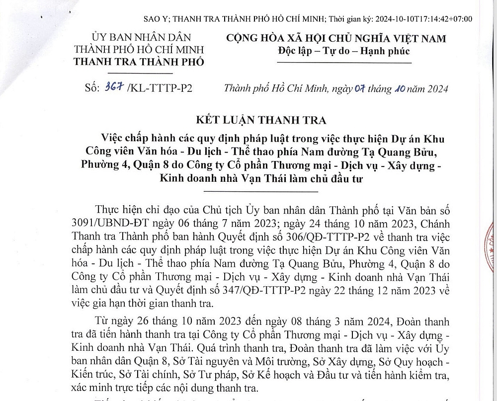 Thành phố Hồ Chí Minh: Nhiều sai phạm tại dự án Khu công viên văn hóa - du lịch - thể thao phía Nam của Công ty Vạn Thái