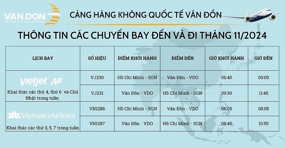 Tăng thêm chuyến bay từ Vân Đồn (Quảng Ninh) đi Thành phố Hồ Chí Minh