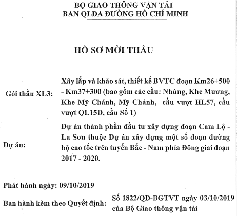 goi thau xl3 xay dung cao toc doan cam lo la son lieu lien danh tong cong ty 319 cong ty co phan 68 co trung thau