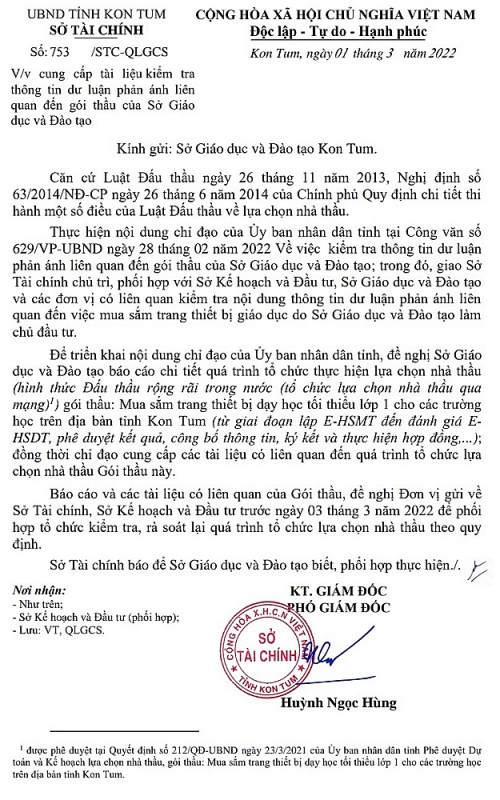 vu nghi van 1 goi thau bi nang khong hon 10 ty dong tai so giao duc va dao tao kon tum ubnd tinh chi dao xac minh lam ro