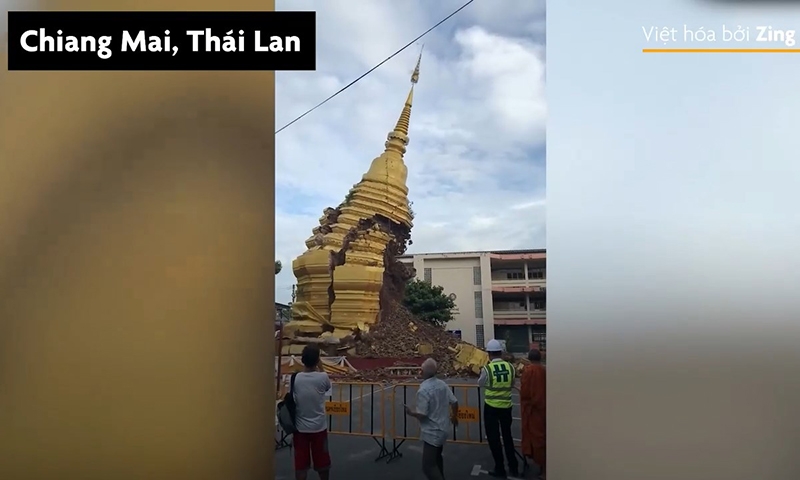 Chùa cổ 500 tuổi ở Thái Lan đổ sập do mưa bão